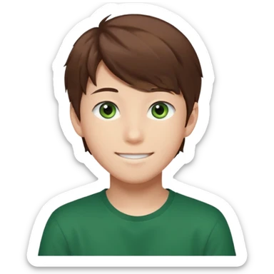 Discord emoji. the face of an Anime asian style teen boy with brown hair, green eyes, looking smiling slightly sideways positioned. Face must be main filling of the frame.  128px sticker