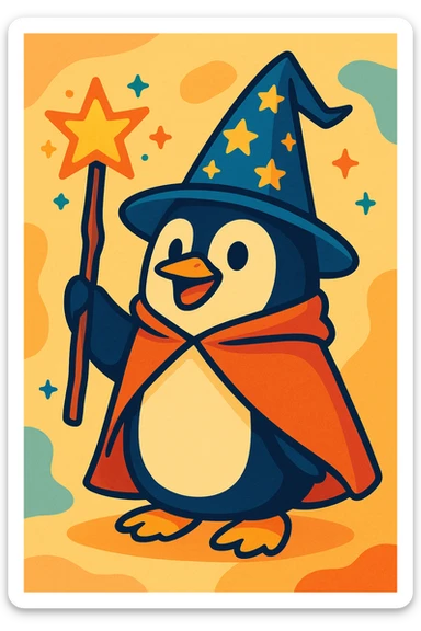 a penguin dressed as a wizard, with a pointy hat and a magic staff, charming colorful style sticker