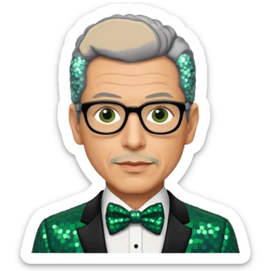 Jeff Goldblum with gray hair, dark green sequin suit with bow tie sticker