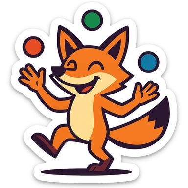 clever fox juggling, vibrant toon style sticker