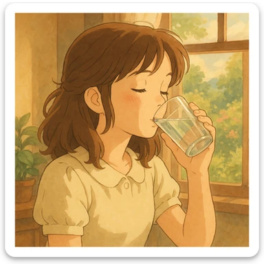 girl drinking water, soft colors, gentle expression sticker