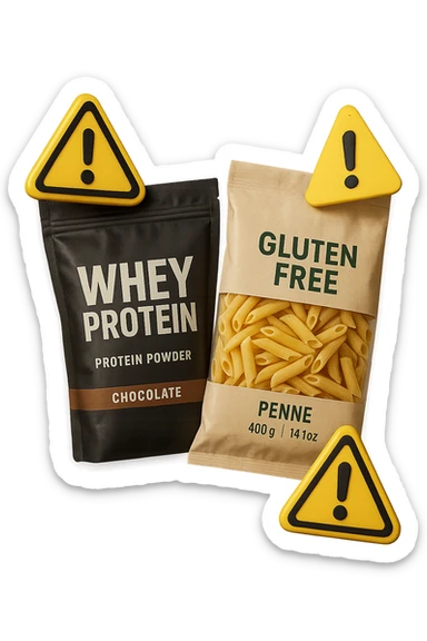 SU QUESTO STILE FAI UN EMOJI STILE IPHONE 3D DI UN pacco di whey protein e un pacco di pasta senza glutine che fluttuano in aria insieme a segnali di pericolo in 3d, FALLO MOLTO REALISTICO IN 3D sticker