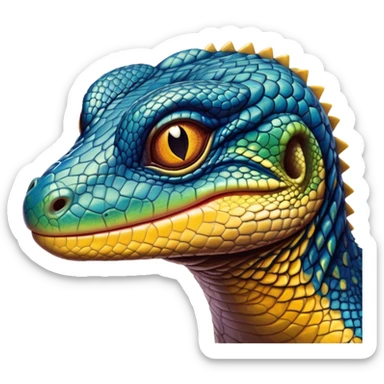 Cinematic Realistic Comical Monitor Lizard Portrait Emoji, Head tilted dramatically with an exaggeratedly amused expression, featuring a striking, glossy scaled hide with bold, angular textures and wide, expressive eyes full of playful disbelief, rendered with lifelike precision and natural vibrant hues, high shine, dramatic yet playful, styled with an air of cheeky wilderness mischief, soft glowing outline, capturing the essence of a spirited and over‐the‐top monitor lizard that looks ready to scurry its way into viral fame! sticker
