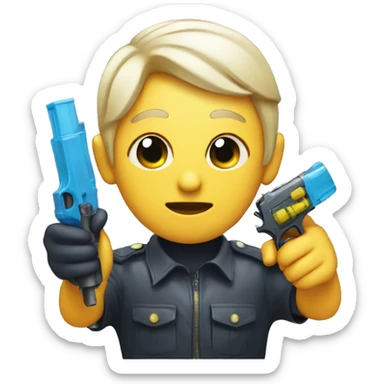 a face holding a water pistol next to its head sticker