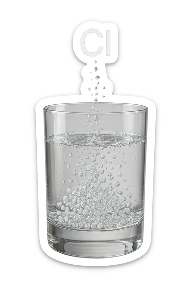 un bicchiere di acqua fluttua in aria realistico e dettagliato, dentro l'acqua del bicchiere ci sono particelle di cloro ben visibili con la scritta "Cl" sopra, ci sono particelle anche che escono dal bicchiere e fluttuano in aria verticalmente, mentre alcune sono all'interno dell'acqua nel bicchiere, iperrealistico 4k sticker