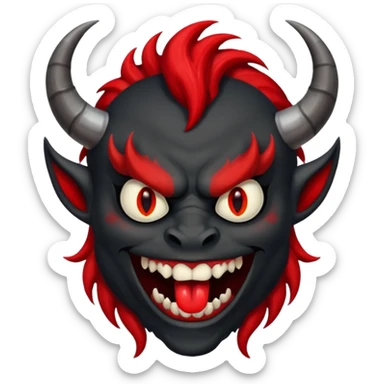 демон с чёрной как уголь кожей, красными клыками, двумя красными рогами торчащими у него изо лба, красной гривой и глазами смеётся (рядом текст "Ха-Ха") sticker