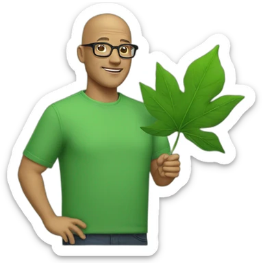 a middle aged bald man in square black glasses wearing a green shirt and holding a green leaf sticker