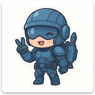 chibi sticker of a sci-fi soldier in a mostly blue uniform, jetpack on back, making a peace sign, adorable expression, white background sticker