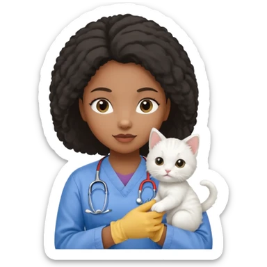Young black female vet – scrubs, gloves, examining kitten. sticker