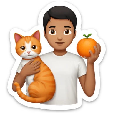 Brown guy with black hair playing with orange cat sticker