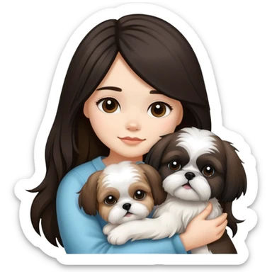 A girl with black highlighted long hair hugging a Shih Tzu dog sticker