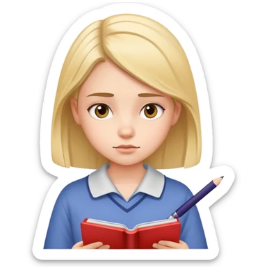 Young girl with focused expression reading a notebook sticker