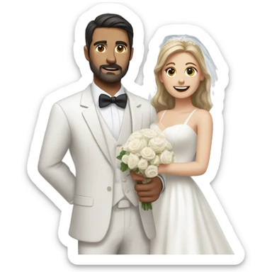 Realistic Dark haired man with dark facial hair in a suit holding a woman with light brown hair in a white wedding dress sticker