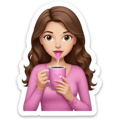 girl with long wavy brown hair, brown eyes, long lashes, pink lips, light to medium complexion, pink sexy top, sipping coffee sticker