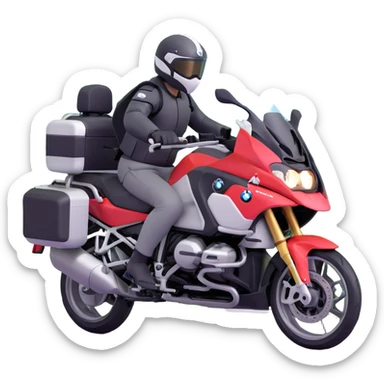 BMW RT1200 LC touring motorcycle with rider on open road in a forest with easter eggs sticker