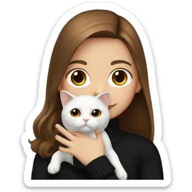 Girl with brown hair in the black sweater and white cat in the hand sticker