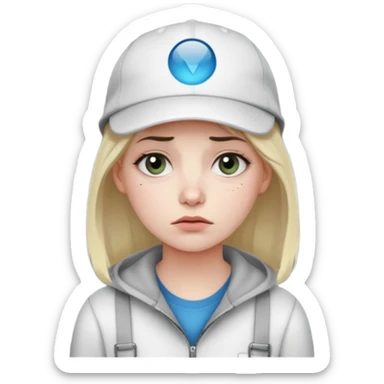 Female tech developer going back to work after christmas holidays, looking tired and wearing a cap that says "SVT" sticker