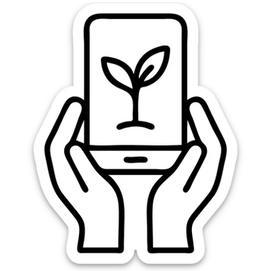 hands holding a smartphone with a young plant growing from it, symbolizing ebook as a digital seed, minimalist and elegant style sticker