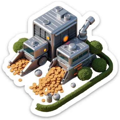 Exterior view of a modern robotic farm in skeuomorphism style, with realistic textures and depth, metallic buildings sitting on visible ground with detailed soil and foundation, automated harvest bots working in the fields, glowing pipes and mechanical arms, cookie plants growing in neat rows sticker