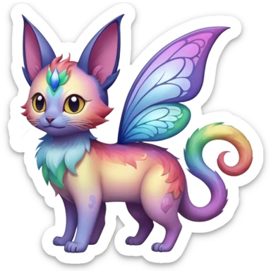 White pastel iridescent rainbow-gradients-color-marked with swirly patterns butterflies  faerie-Noivern-Noibat-Purloin-Torracat-Lykoi-Caracal-cat-Fakemon-fusion-hybrid-creature sticker
