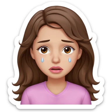 girl with wavy long brown hair, brown eyes, light to medium complexion, long lashes, light pink lipstick, wearing light pink shirt, crying big tears sticker