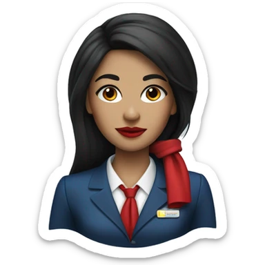 Flight attendant with long black hair, red lips and a little blue scarf sticker