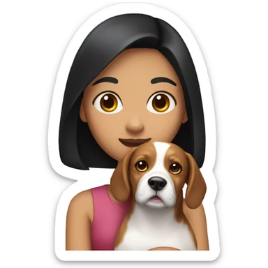girl with black hair holding a beagle sticker