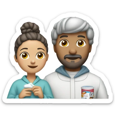 A couple brushing their teeth. She wears a snoopy tile-colored robe and a bun in her hair, and he has a beard and wears a gray sweatshirt sticker