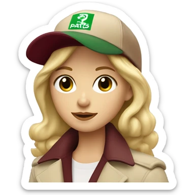 Blonde girl with green eyes in beige trench coat and burgundy baseball cap written Paris on it  sticker