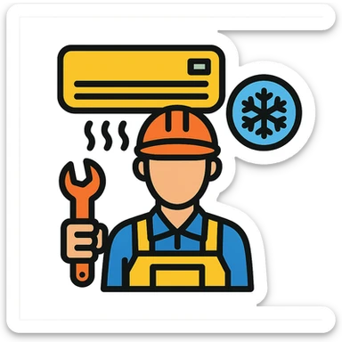 air conditioning technician with wrench and AC symbol, clean lines, professional look sticker