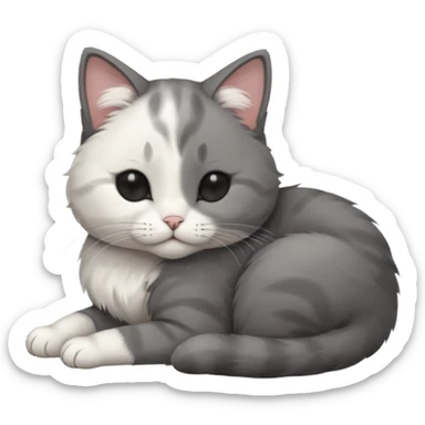 dark grey and white small cat with his eyes closed, leaning his head on his paw while leaning on his elbow lying down sticker