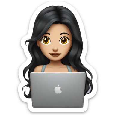 beautiful girl, with tattoos, with long black hair, wavy hair, chinese, with laptop sticker