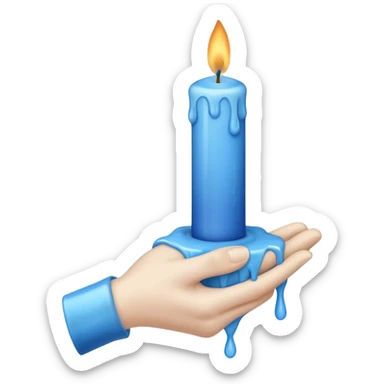 A blue candle held by a hand only not a person, at 45 degree angle, wax dripping down sticker