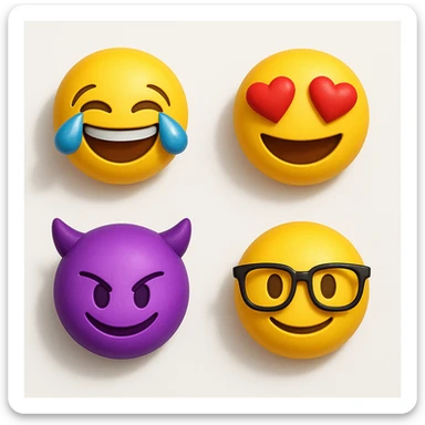 make four emojis on white background with good amount of shadow, four emojis of smiley's only. one laughing, second heart eyes, third purple devil and four black glasses emojis  sticker
