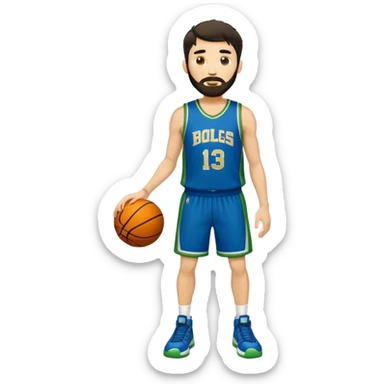 Full Body  white male basketball player with short shaggy dark hair and gold tee beard wearing blue and green uniform sticker