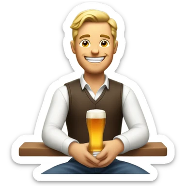 A happy white guy on a barstool looking at a phone and drinking a beer sticker