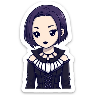 gothic girl with wide shoulders, small chest, dark makeup, black clothing sticker