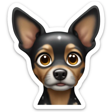 Cute Toy terrier, dark merle color (black, caramel and grey color, grey are spots) with big ears. One eye is dark brown, the other one is half dark brown half blue sticker