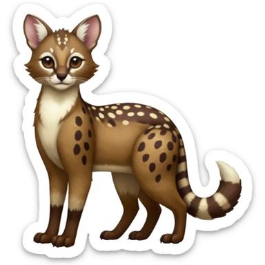 Colorful dark chocolate-brown tropical beige fur glorious divine exotic cute cool beautiful shiny beautiful fantasy-caracal-civet-genet-sergal-vernid-Cacomistle-oncilla-animal-Fakémon-hybrid-fursona with white deer-spots pattern markings (full body) sticker