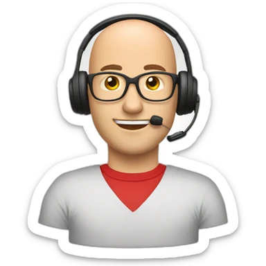 customer service bald man with headset with red t-shirt sticker
