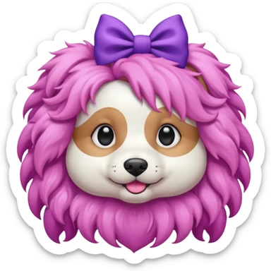dog with pink long curly hair and purple bow on head sticker