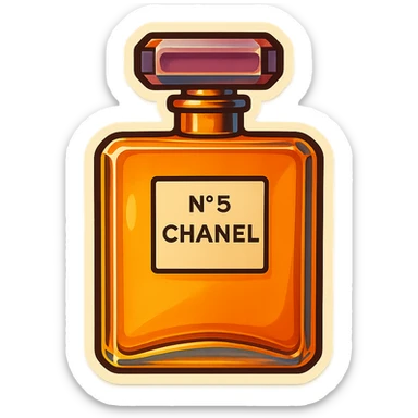 Chanel perfume bottle in retro sticker style, bold outlines, vintage color palette sticker