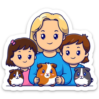 Family portrait with father with dark brown hair and blue eyes, mother with light brown hair and blue eyes, three blonde little girls with blue eyes, plus a grey cat and two guinea pigs sticker