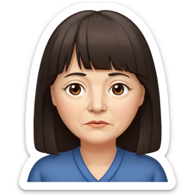 60 yr old woman, long hair down back, very small brown eyes, long hair, straight dark brown hair, bangs, chubby, long face, very tired sticker