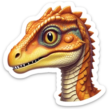 Cinematic Realistic Cute velociraptor/T-rex Portrait Emoji, Head tilted playfully and inquisitively, featuring a compact, slightly rounded build with intricately detailed, textured scales in natural hues and a surprisingly endearing face with bright, curious eyes, rendered with lifelike clarity and warm natural light, high shine, affectionate and quirky, styled with a touch of prehistoric whimsy, soft glowing outline, capturing the essence of a mischievous yet lovable velociraptor/T-rex that seems poised to stomp playfully into your arms! sticker