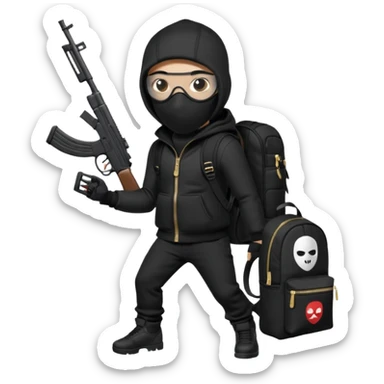 YN wearing a ski mask, holding a gun, all black fit, black jeans, Sprayground bookbag, confident stance sticker