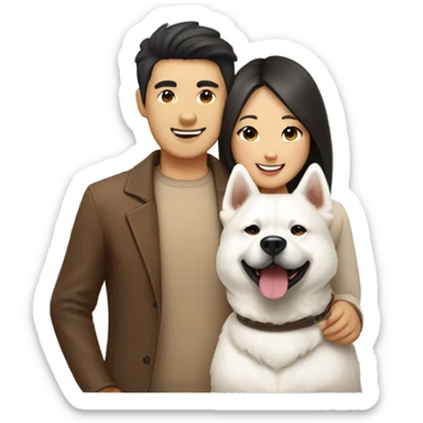 Happy Asian couple with White Japanese Akita and brown Multipoo dog sticker