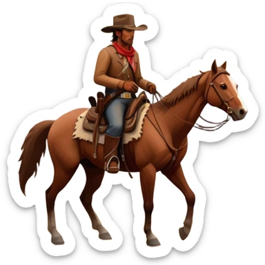 An icon representing an adventure game, inspired by Red Dead Redemption II. The design features a rugged cowboy riding a horse through a vast, open landscape with mountains, deserts, and wild animals. The atmosphere conveys exploration, action, and the thrill of the journey. Transparent background sticker