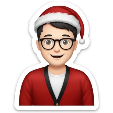 white man wearing glasses, black short hair dressed as sexy hipster Santa in a cardigan, cute smile with teeth sticker