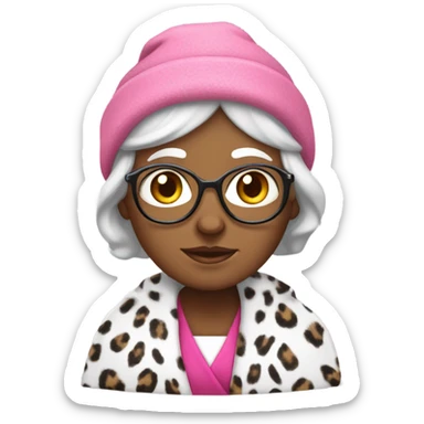 White skinned Grandma with beanie with a robe on with pink cheetah print  sticker